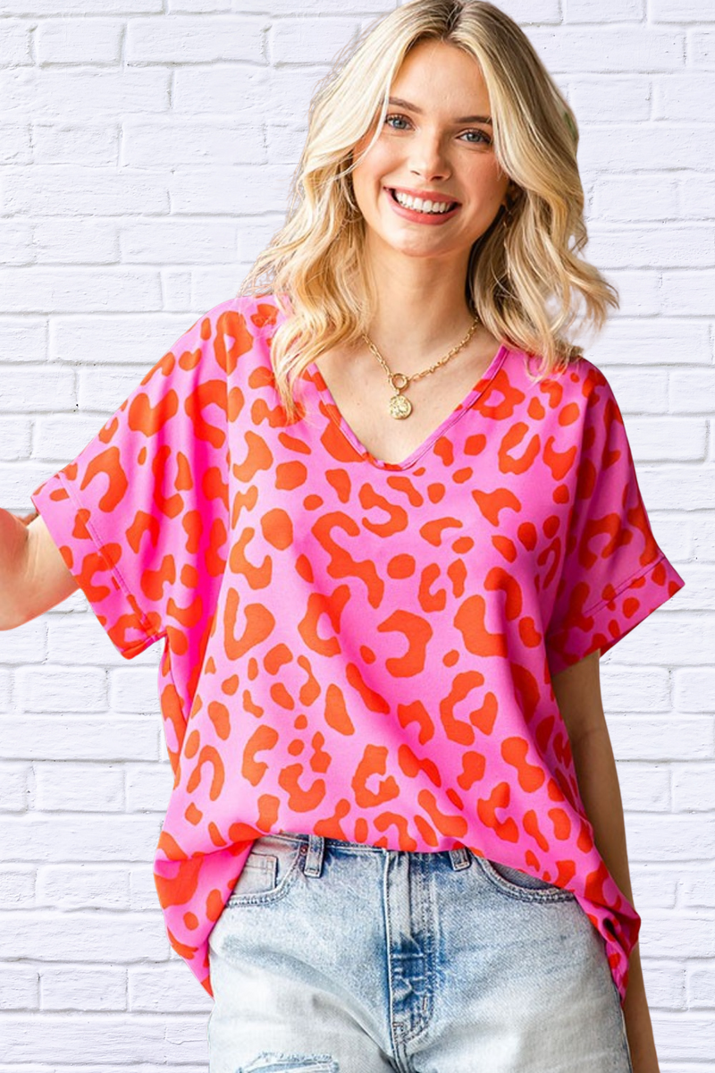 Leopard V-Neck Short Sleeve Woven Top