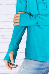 Turquoise Exposed Seam Thumbhole Long Sleeve Top