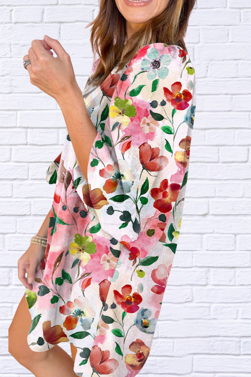 Breezy Elegance – Floral Print Notched Tunic Dress