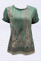 Cutout Printed Round Neck Short Sleeve Blouse