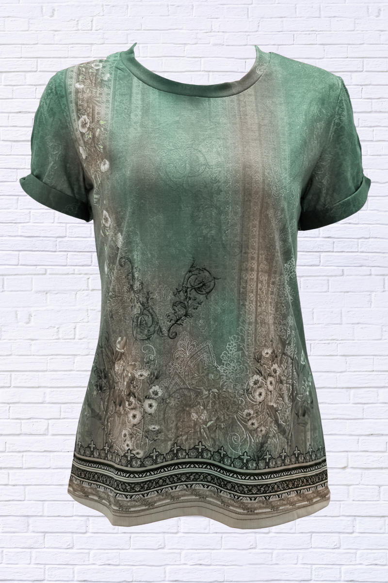 Cutout Printed Round Neck Short Sleeve Blouse
