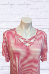 Criss Cross Neckline T Shirt - Turquoise/ White Stripe or Pink / White Stripe
