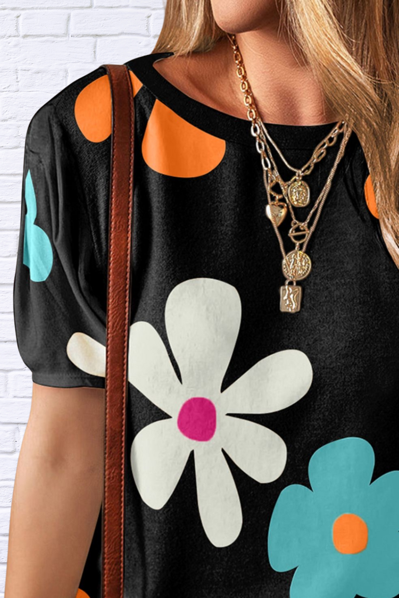 Flower Round Neck Short Sleeve Blouse