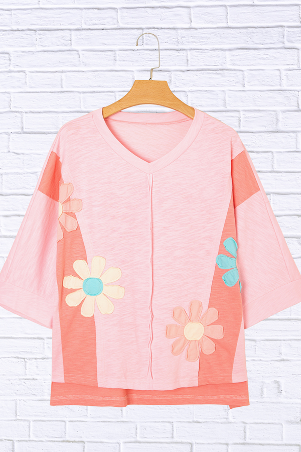 Flower Patched Exposed Seam Oversized T Shirt