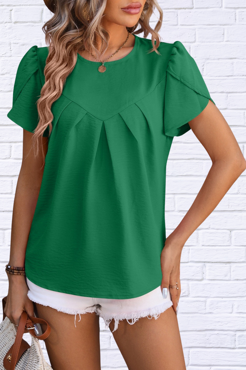 Ruched Round Neck Petal Sleeve Blouse