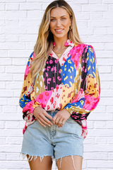 Printed Notched Long Sleeve Blouse