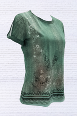 Cutout Printed Round Neck Short Sleeve Blouse