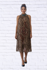 Animal and Paisley Print Sleeveless Maxi Dress – High Neck Bow Detail Flowy Woven Dress