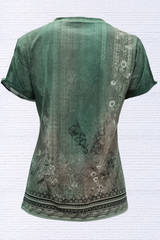 Cutout Printed Round Neck Short Sleeve Blouse