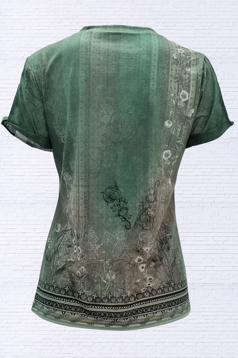 Cutout Printed Round Neck Short Sleeve Blouse