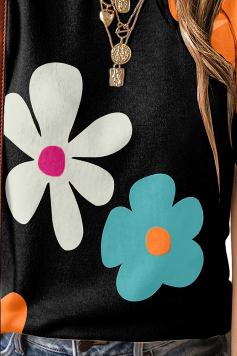 Flower Round Neck Short Sleeve Blouse