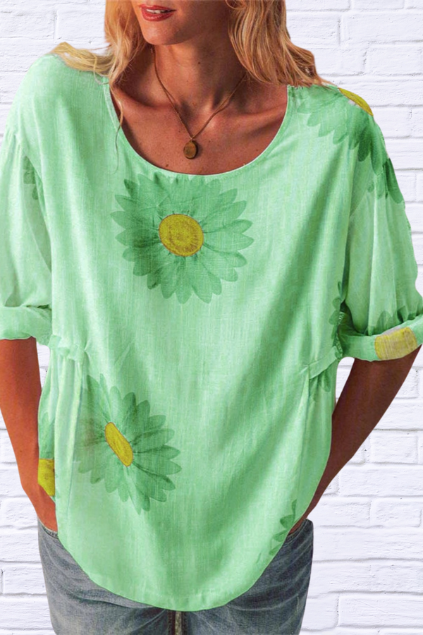 Full Size Flower Round Neck Half Sleeve T-Shirt Plus Size