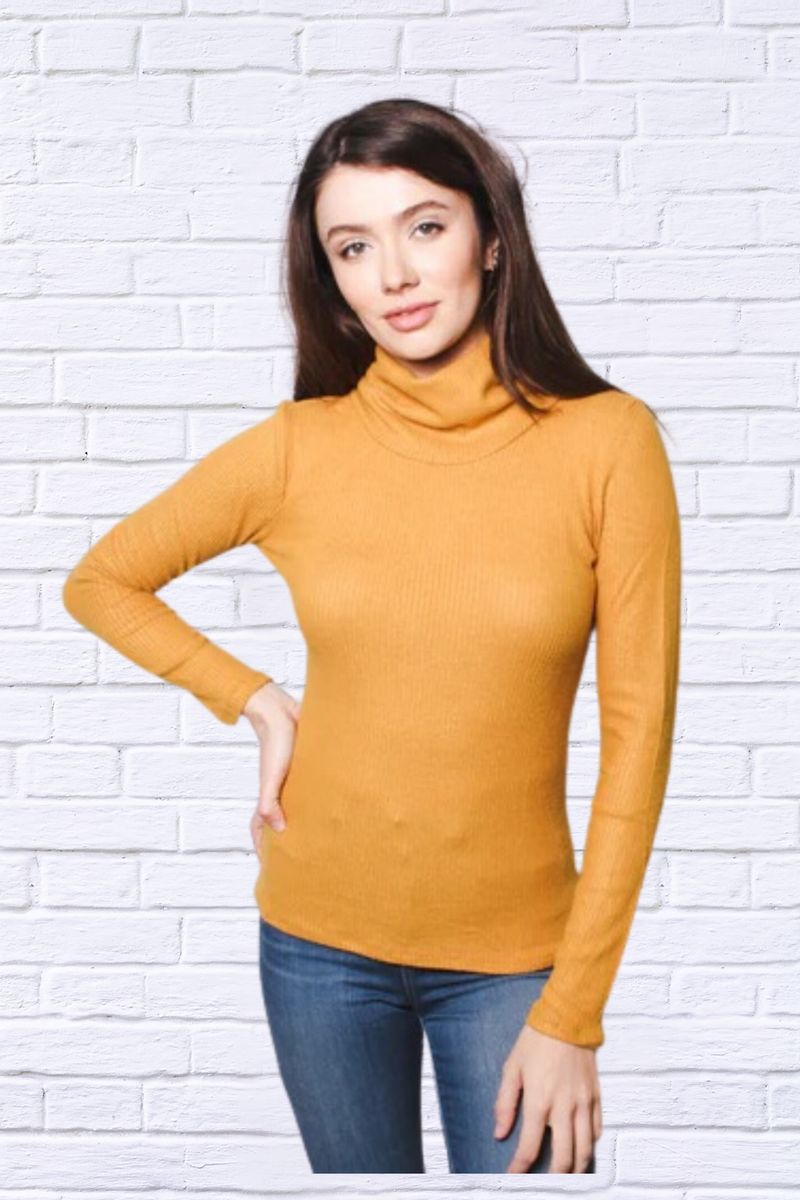 Dark Mustard Ribbed Brushed Hacci Cowl Turtleneck Long Sleeve Top