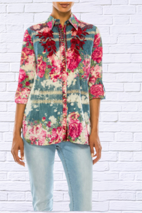 Floral Printed Shirt With Embroidery and Vintage ash