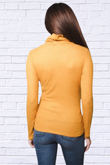 Dark Mustard Ribbed Brushed Hacci Cowl Turtleneck Long Sleeve Top