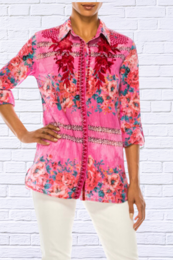 Hot Pink Floral Printed Shirt Embroidered and Vintage Wash