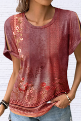 Cutout Printed Round Neck Short Sleeve Blouse