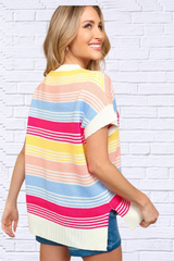 Striped Side Slit Short Sleeve Knit Top