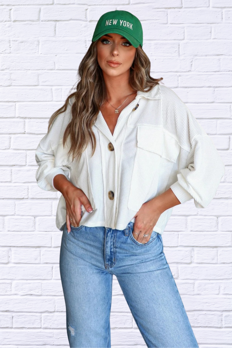 Ribbed Collared Neck Button Up Jacket