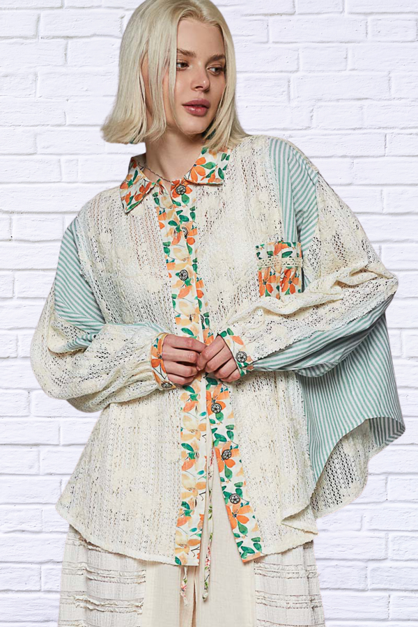 Oversized Mixed-Print Floral & Stripe Blouse – Bold Style Meets Effortless Comfort