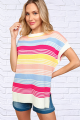 Striped Side Slit Short Sleeve Knit Top