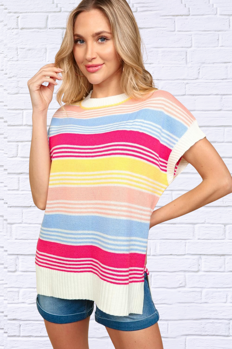 Striped Side Slit Short Sleeve Knit Top