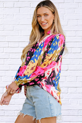 Printed Notched Long Sleeve Blouse