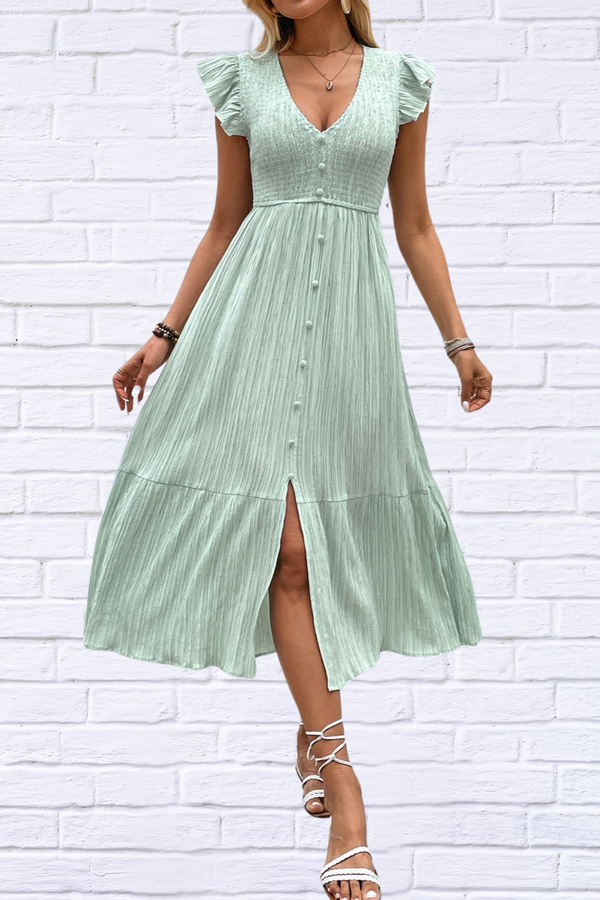 V-Neck Ruffled Cap Sleeve Dress