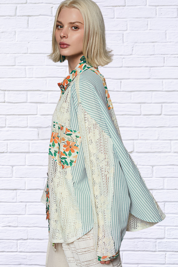 Oversized Mixed-Print Floral & Stripe Blouse – Bold Style Meets Effortless Comfort