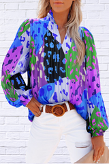 Printed Notched Long Sleeve Blouse