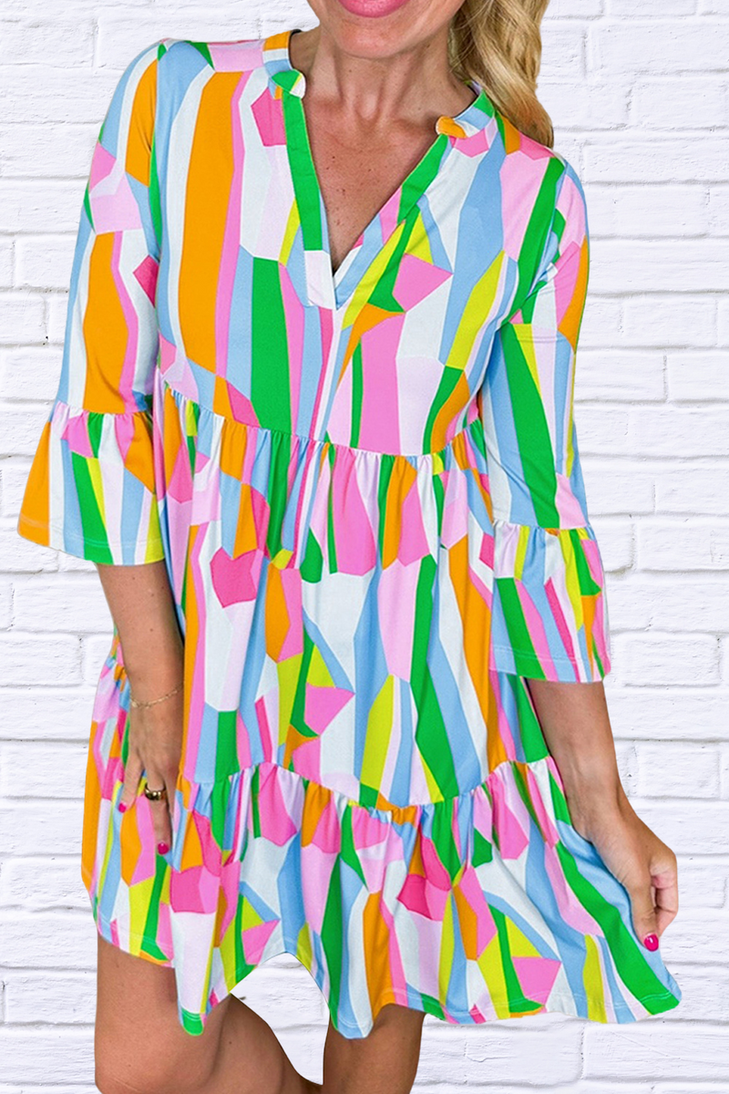 Green Color Block Three-Quarter Sleeve Mini Dress – Bold and Stylish Comfort