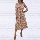 Printed Collared Neck Long Sleeve Dress