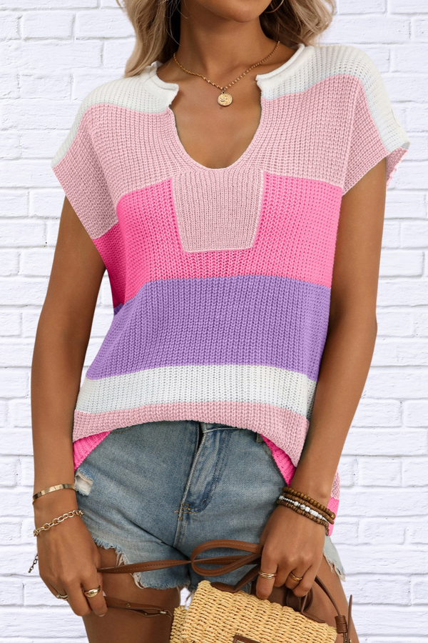 Color Block Notched Short Sleeve Knit Top – Effortless Confidence, Unmatched Style