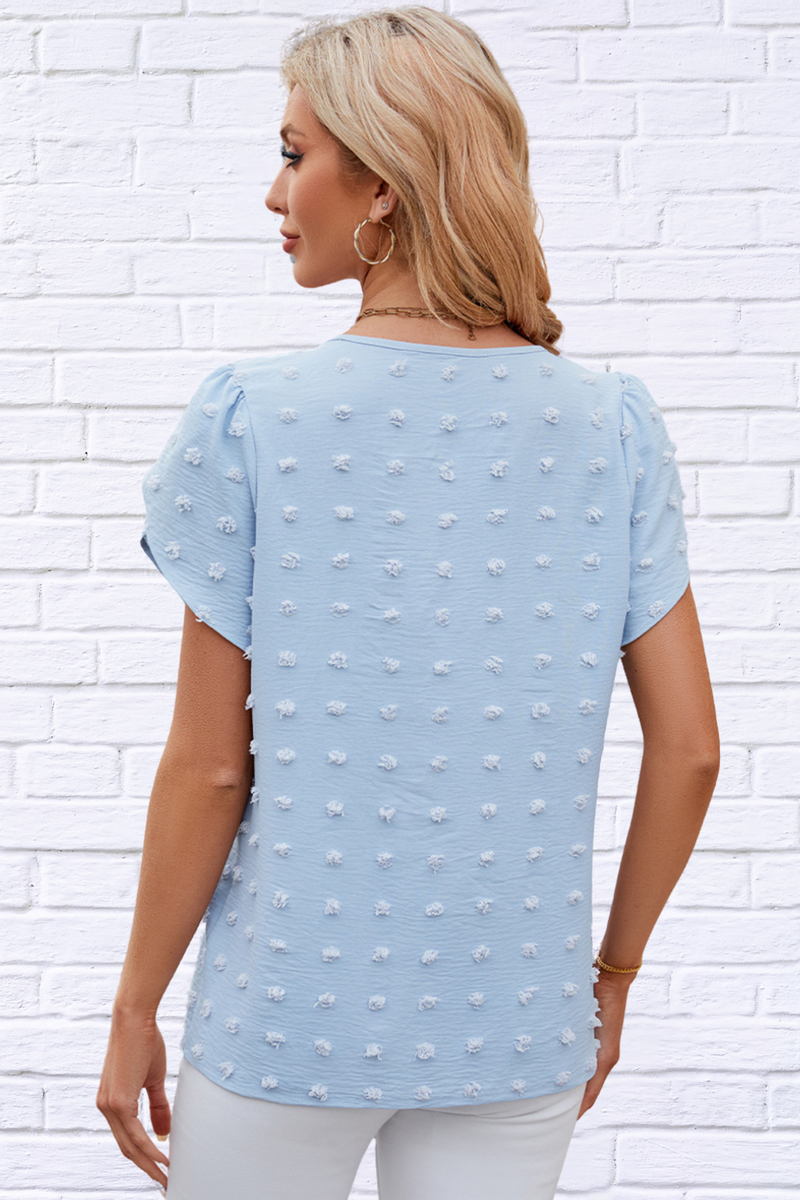 Swiss Dot Round Neck Petal Sleeve Blouse