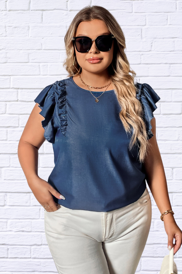 Plus Size Round Neck Flounce Sleeve Frill Trim Blouse