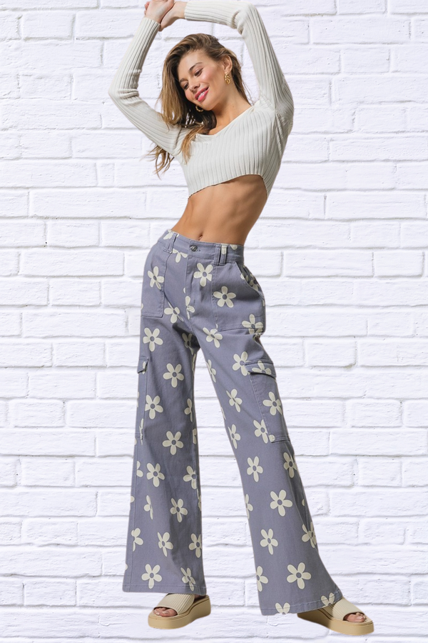 Flower Printed Side Pocket Wide Pants
