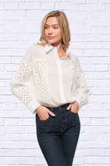 White Eyelet Long Sleeve Button Down Shirt