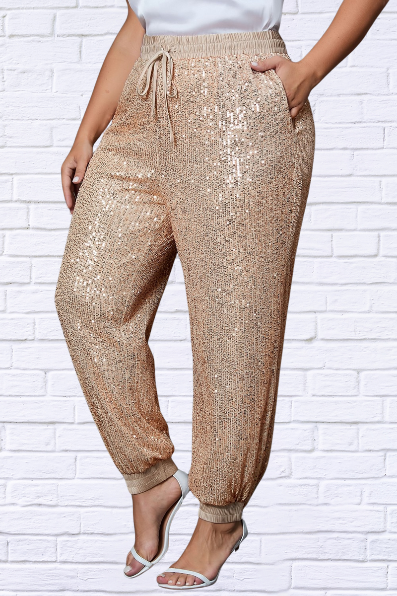 Plus Size Sequin Drawstring Joggers with Pockets