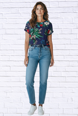 Navy Tropical Floral Viscose Blouse – Short Sleeve Round Neck Lightweight Top