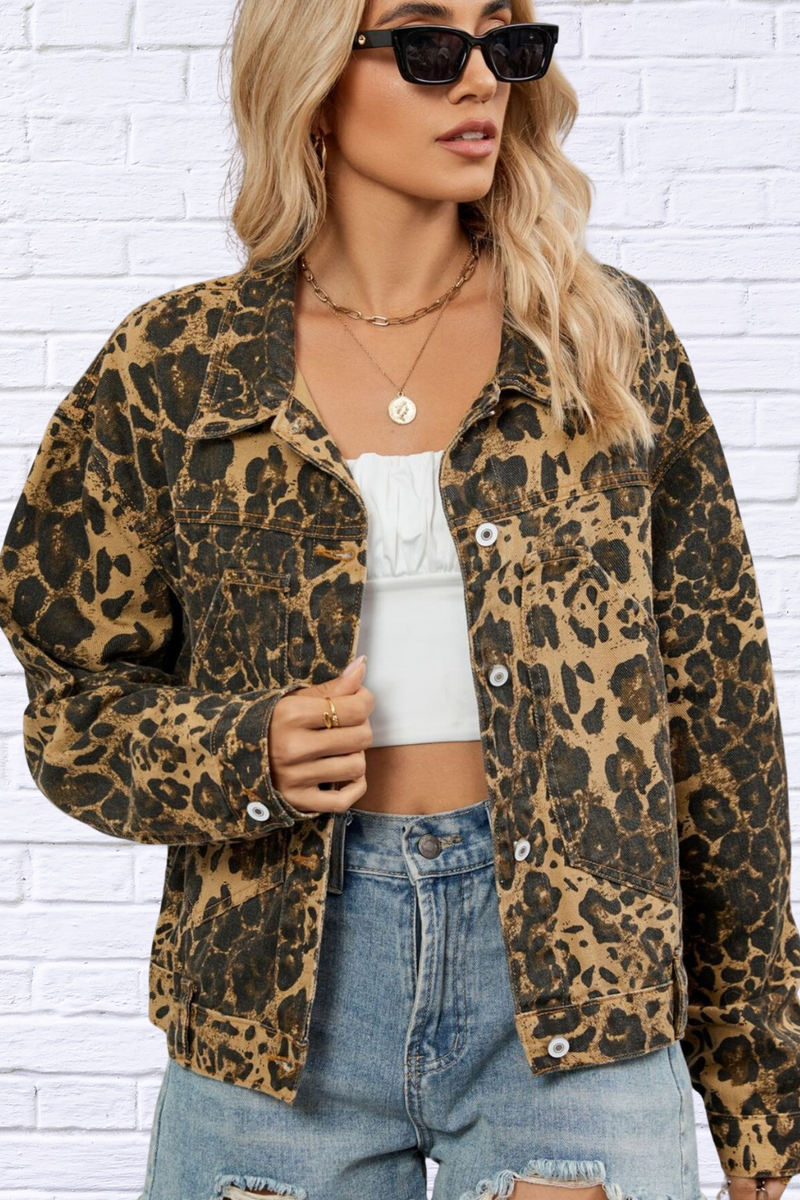 Fierce Meets Classic – Leopard Print Button Up Denim Jacket
