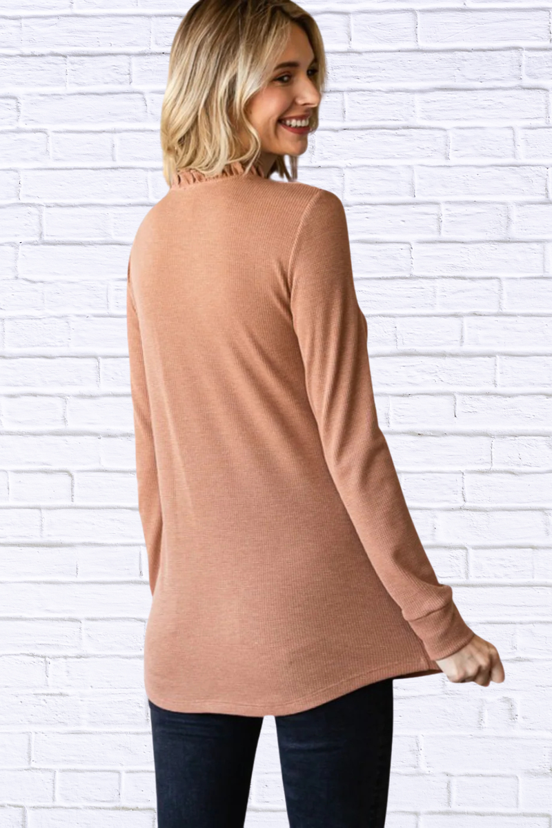 Camel Ruffle Button Top