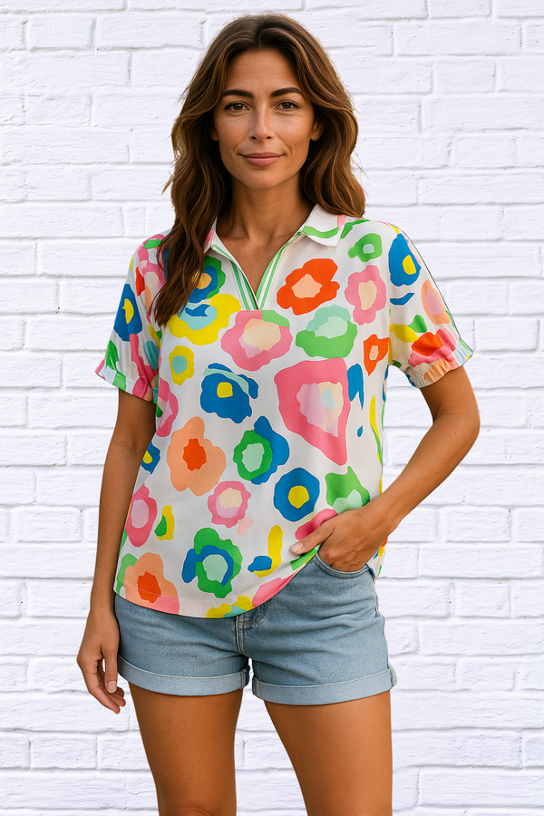Bright Abstract Floral Polo Blouse – Multicolor