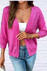 Textured Button-Front Cardigan with 3/4 Sleeves