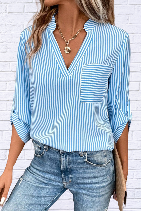 Striped Notched Roll-Tab Sleeve Shirt