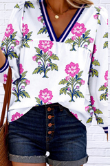 Bold Meets Feminine – Amber Floral Print Striped V-Neck Blouse
