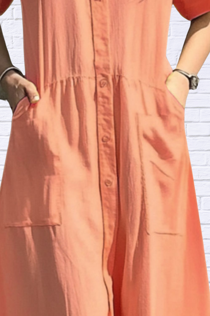 Button Front Short Sleeve Midi Dress