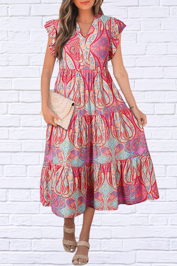 Tribal Paisley Print Ruffled Sleeve Notch Neck Midi Dress – Bold, Beautiful, and Effortlessly Chic
