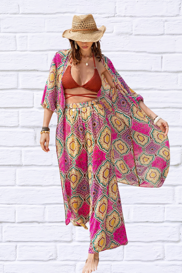 Printed Open Front Cardigan and Pants Set