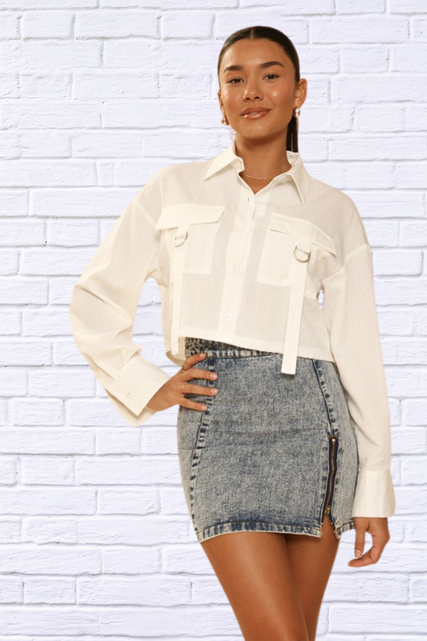 White Cropped button front top