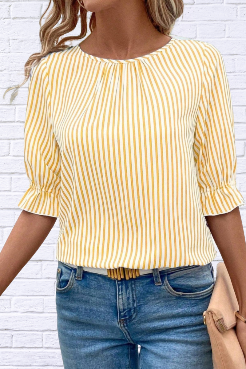 Striped Round Neck Half Sleeve Casual Blouse